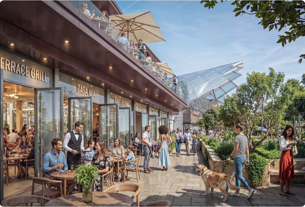 Diners on a terrace outside neighbourhood restaurants
