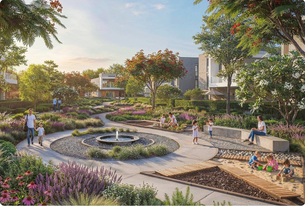 Families in a landscaped garden with a central water feature