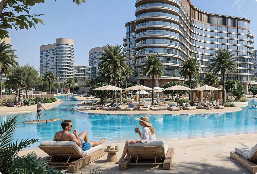 Sun loungers beside the Sobha Sanctuary lagoon