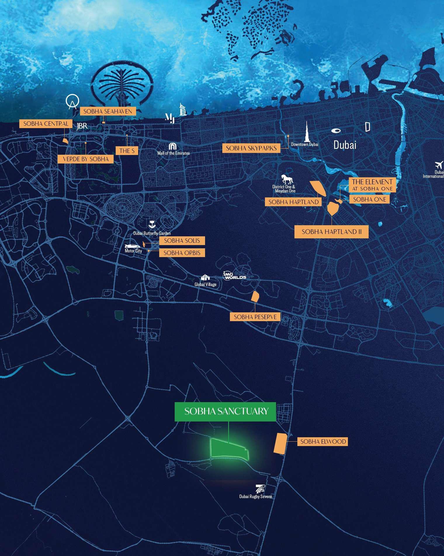 Map of Dubai showing Sobha Sanctuary highlighted in Dubailand, alongside other Sobha communities including Sobha Central, Sobha Seahaven, Verde by Sobha, The S, Sobha Skyparks, Sobha Hartland, Sobha Hartland II, Sobha One, The Element at Sobha One, Sobha Solis, Sobha Orbis, Sobha Reserve and Sobha Elwood.