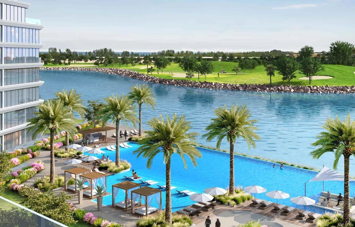 Lagoon pool and golf greens at Sobha Siniya Island, Umm Al Quwain