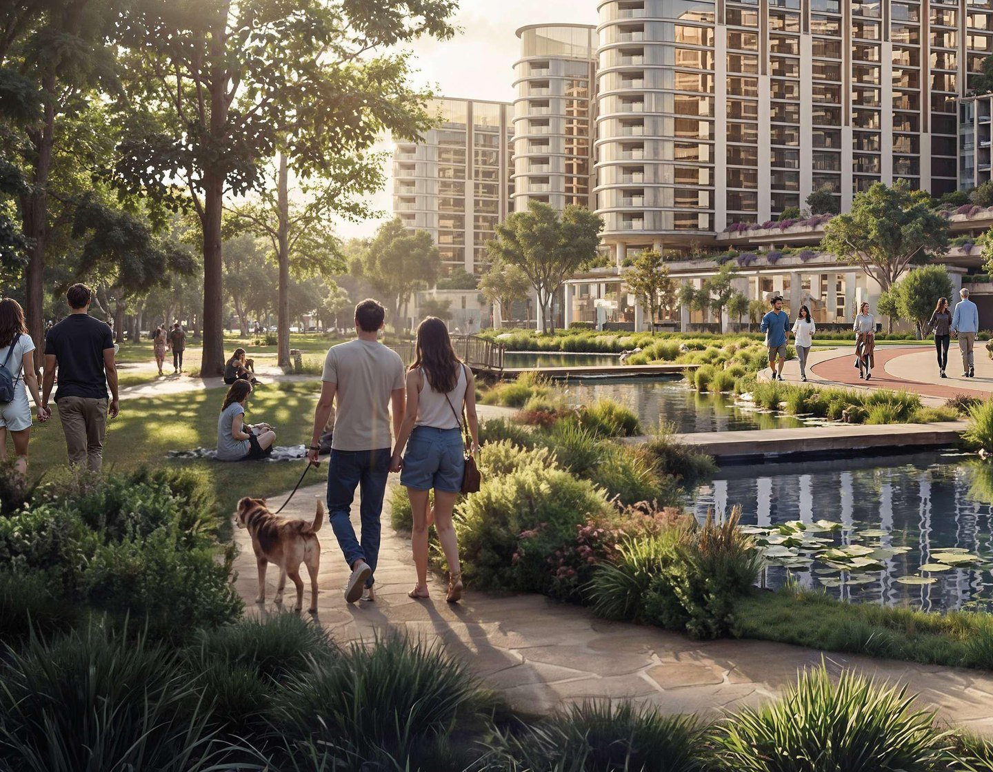 The Woods Abode apartments at Sobha Sanctuary, with residents walking along a landscaped street