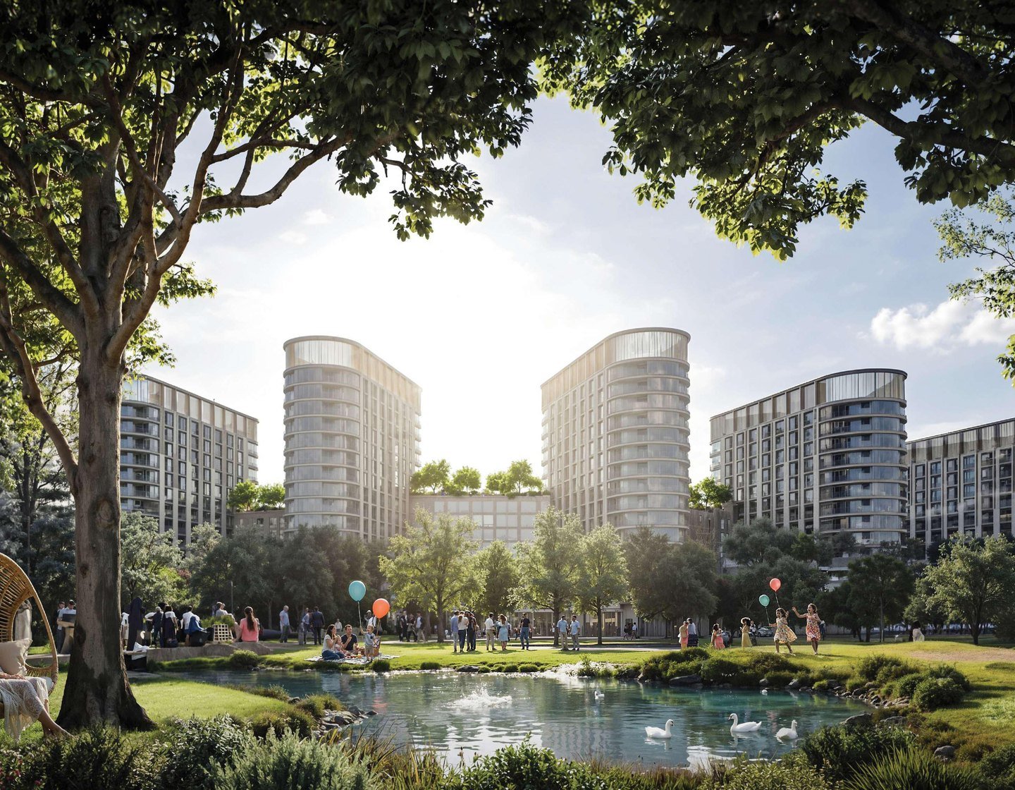 The Woods Serenity apartments overlooking the parkland lake at Sobha Sanctuary